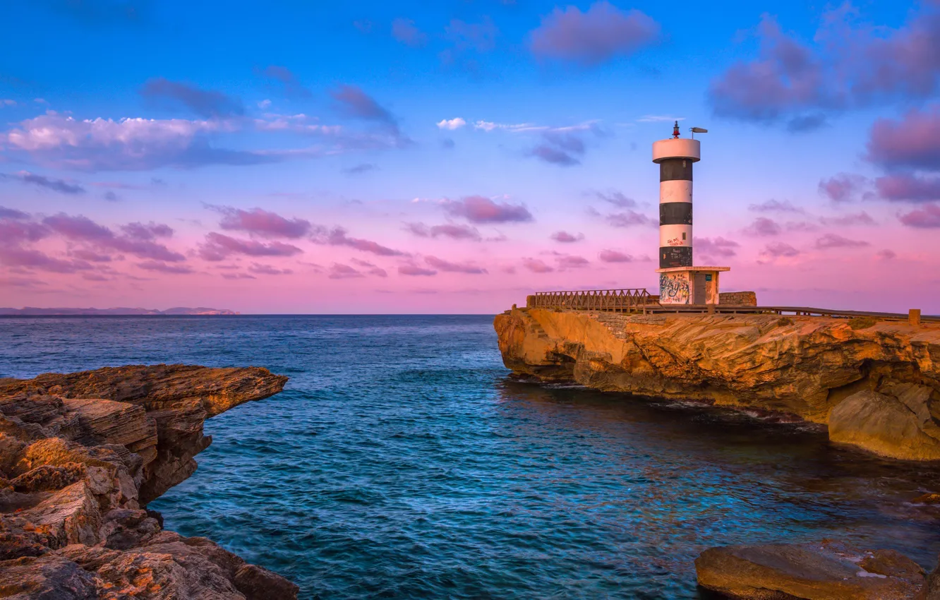 Photo wallpaper sky, sea, landscape, nature, sunset, rocks, bay, Lighthouse