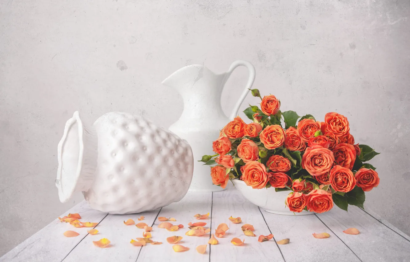Photo wallpaper flowers, orange, Board, roses, bouquet, bowl, petals, pot