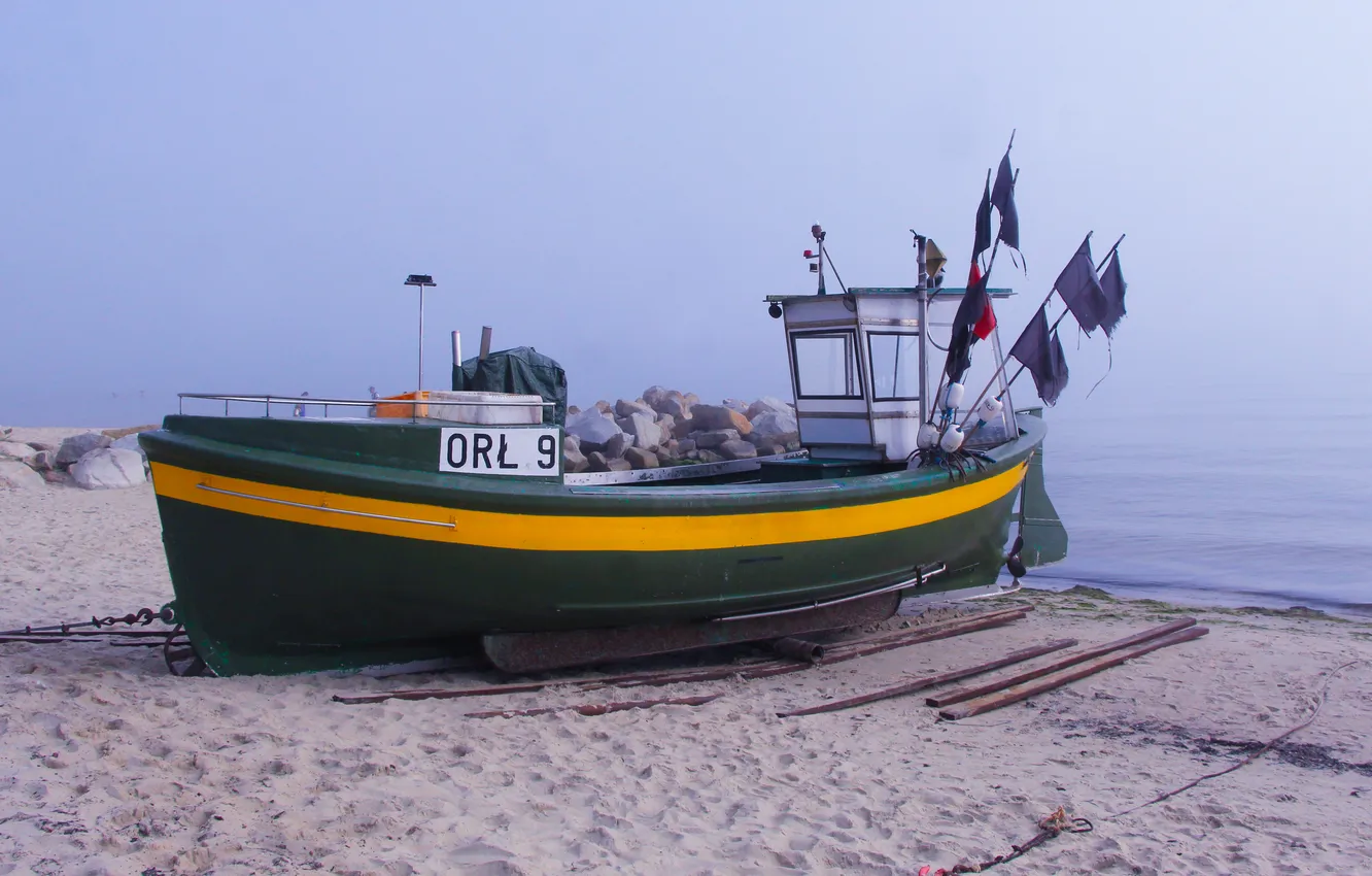 Photo wallpaper beach, sea, ship