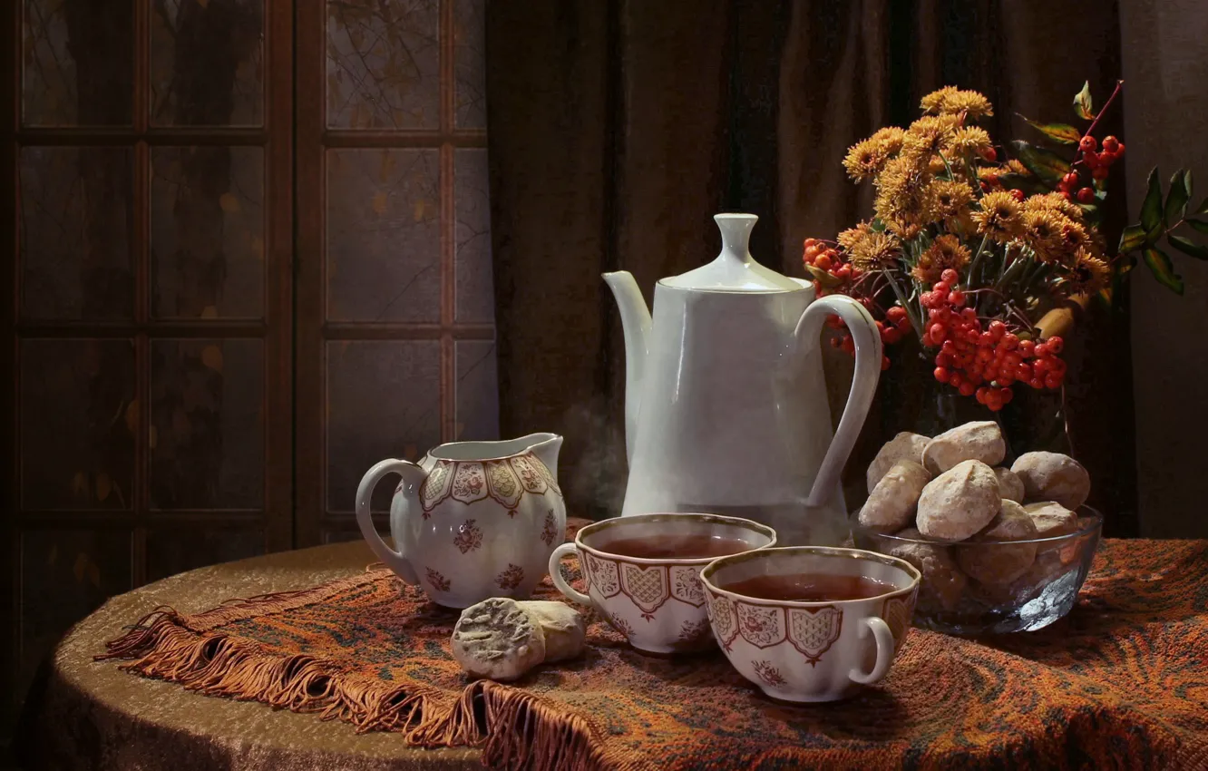 Photo wallpaper flowers, table, tea, kettle, window, Cup, vase, still life