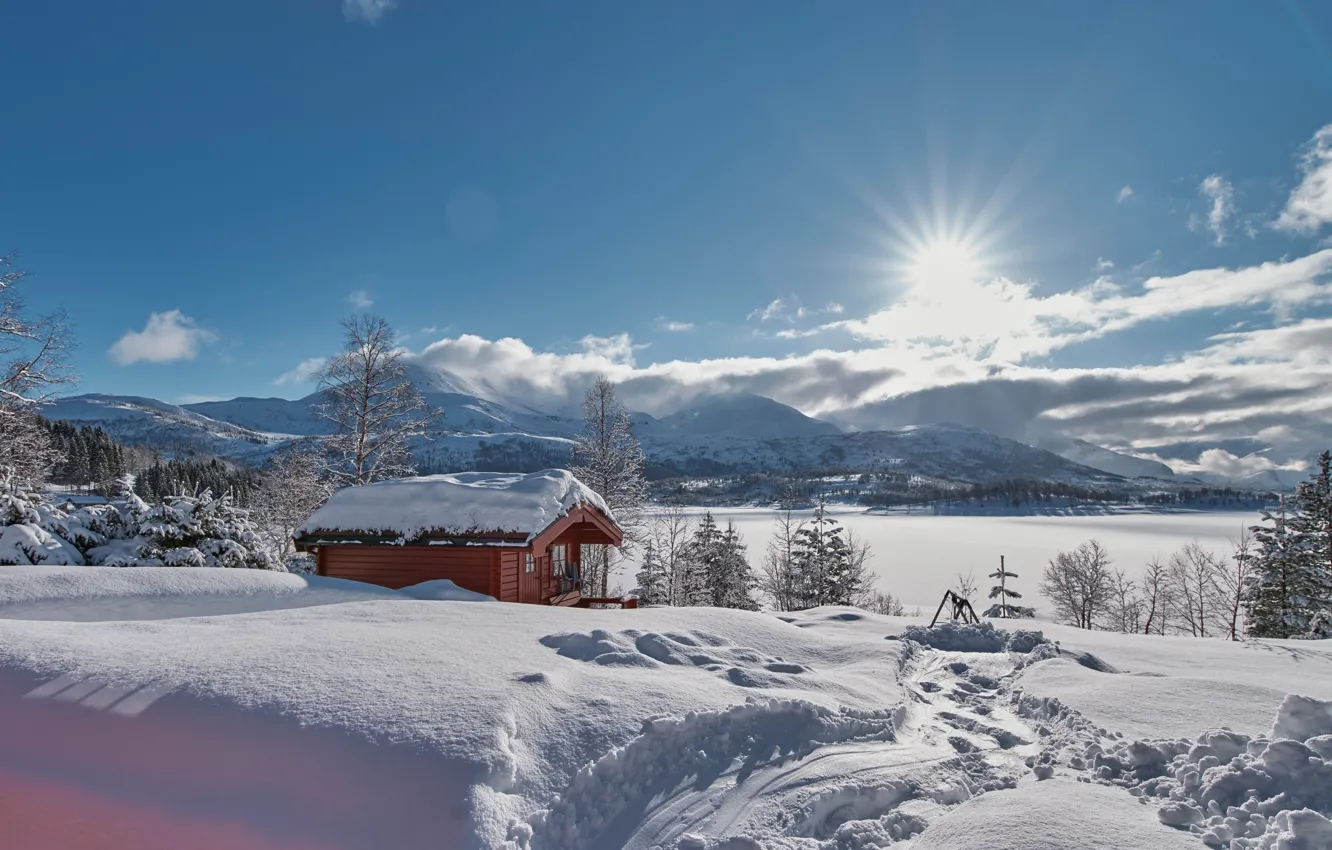 Photo wallpaper winter, snow, mountains, Norway, the snow, hut, Norway, the fjord