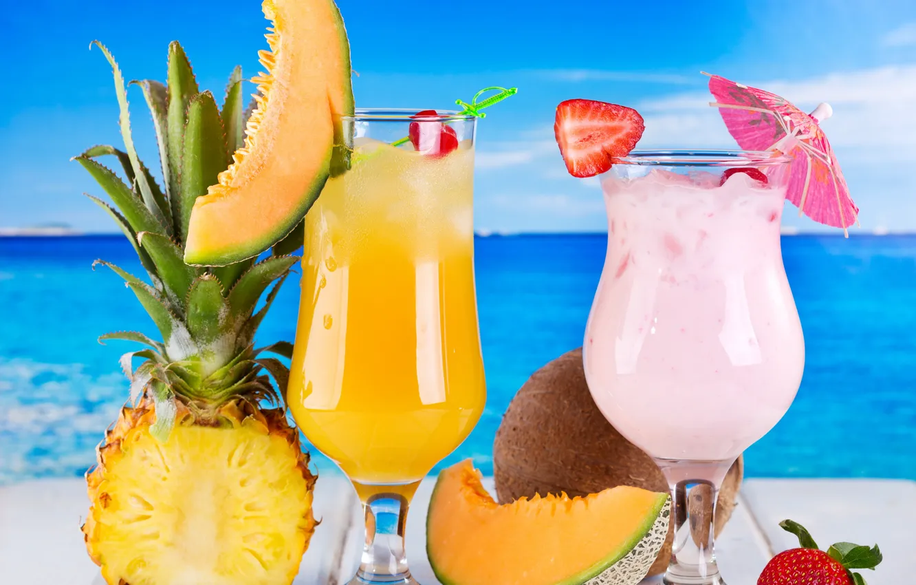Photo wallpaper sea, strawberry, cocktail, fruit, pineapple, fresh, drink, cocktail