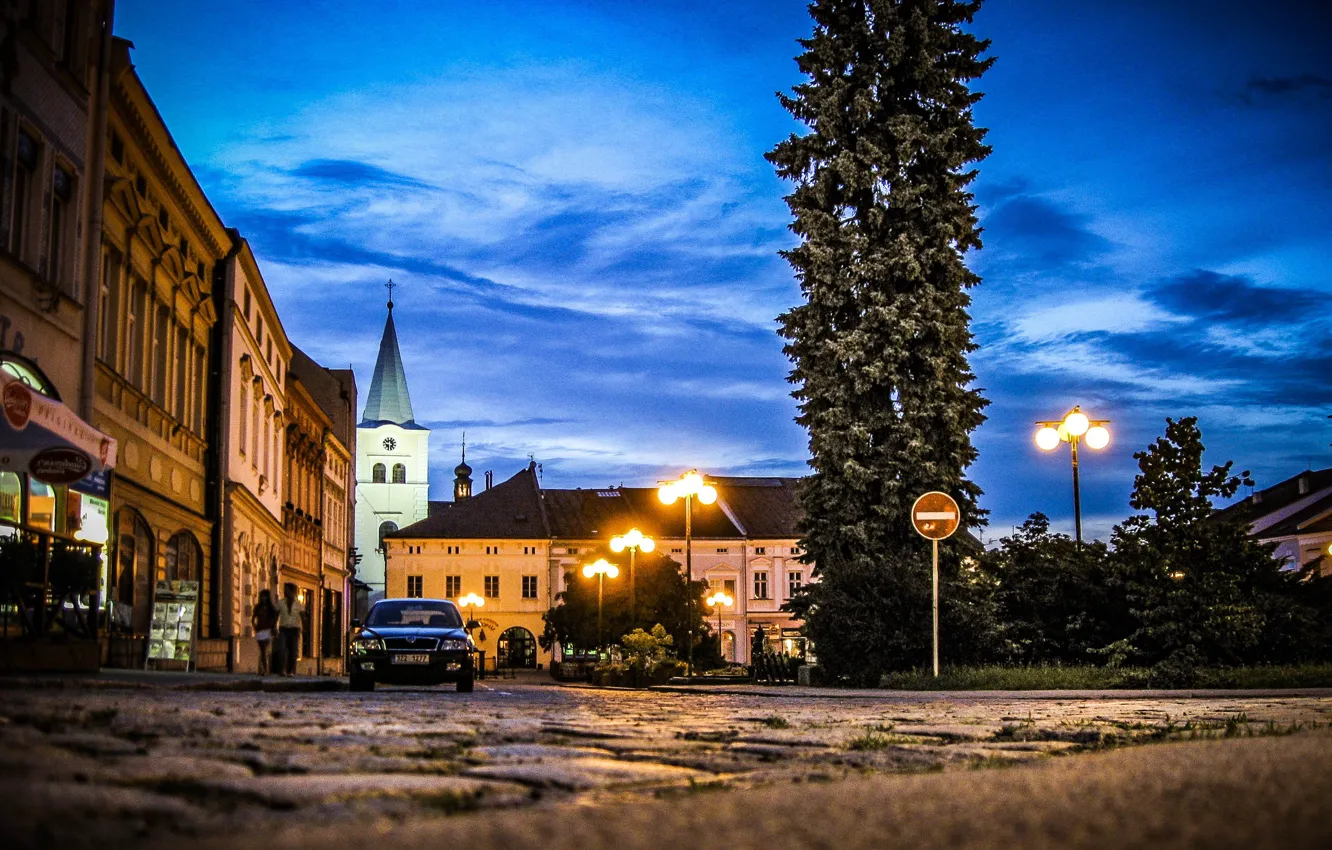 Photo wallpaper the city, home, the evening, Czech Republic, lights, Valashske-Mezirzhichi