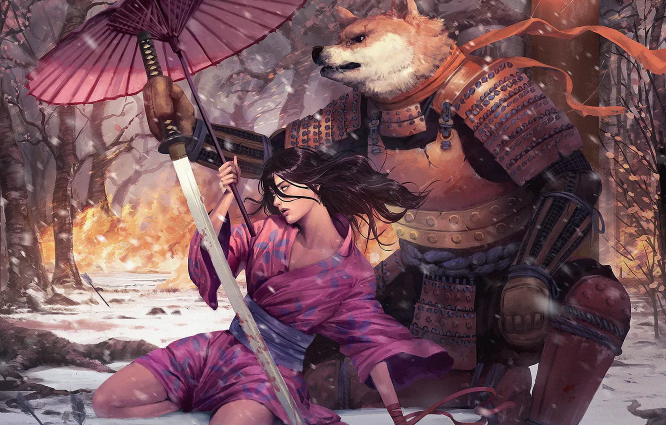 Photo wallpaper girl, sword, umbrella, soldiers, beast