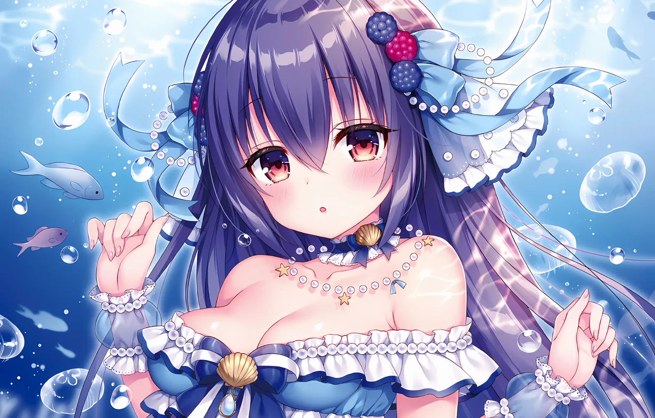 Photo wallpaper girl, sexy, cleavage, blouse, long hair, underwater, boobs, anime