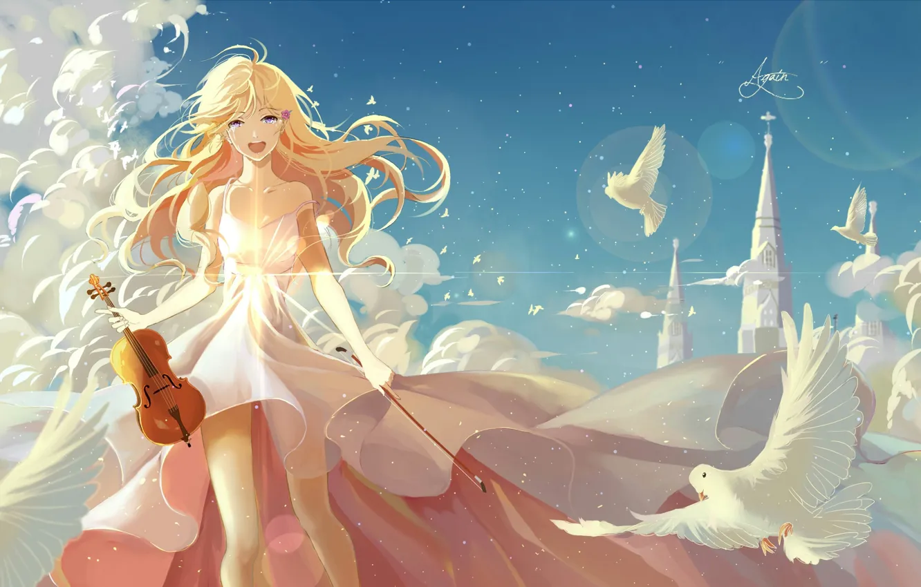 Photo wallpaper the sky, girl, clouds, birds, castle, violin, anime, feathers