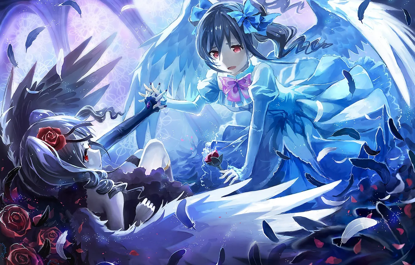 Photo wallpaper flowers, girls, roses, wings, anime, feathers, art, idolmaster