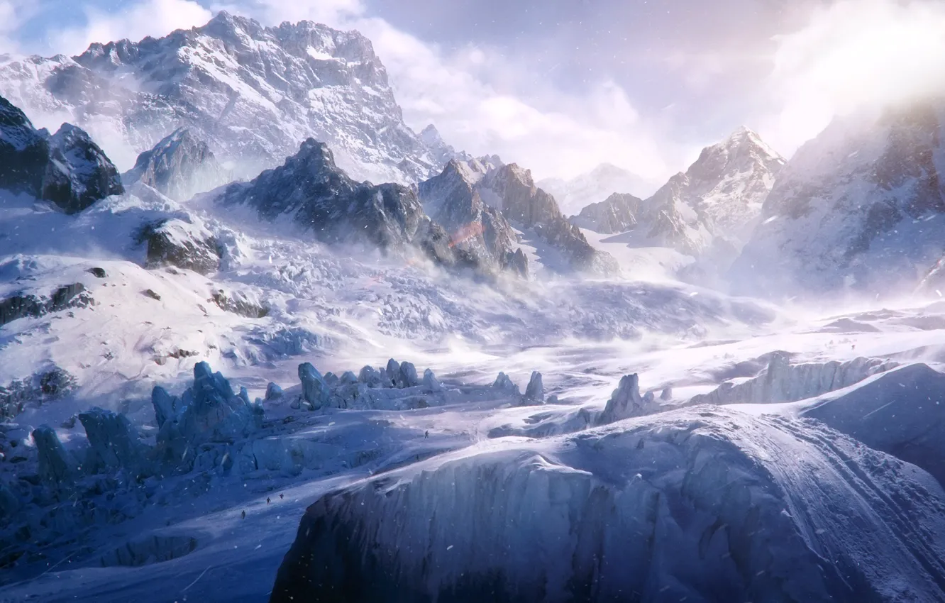 Photo wallpaper winter, snow, mountains, people, art, track, climber, Reid Southen