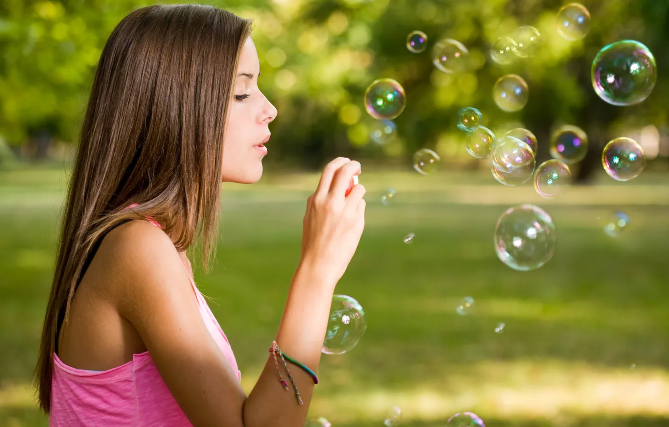Photo wallpaper girl, bubbles, profile, brown hair