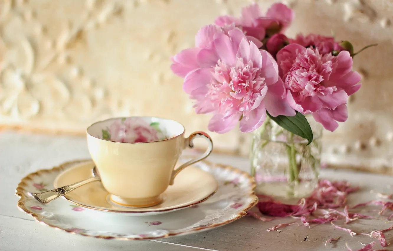 Photo wallpaper flowers, petals, Cup, saucer, peonies