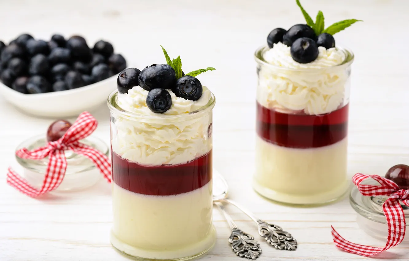 Photo wallpaper blueberries, cream, dessert, sweet, jelly, cream, milk, mousse