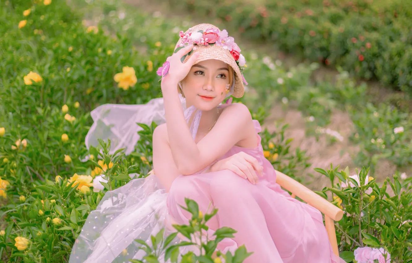 Photo wallpaper summer, grass, look, girl, flowers, face, pose, eyelashes