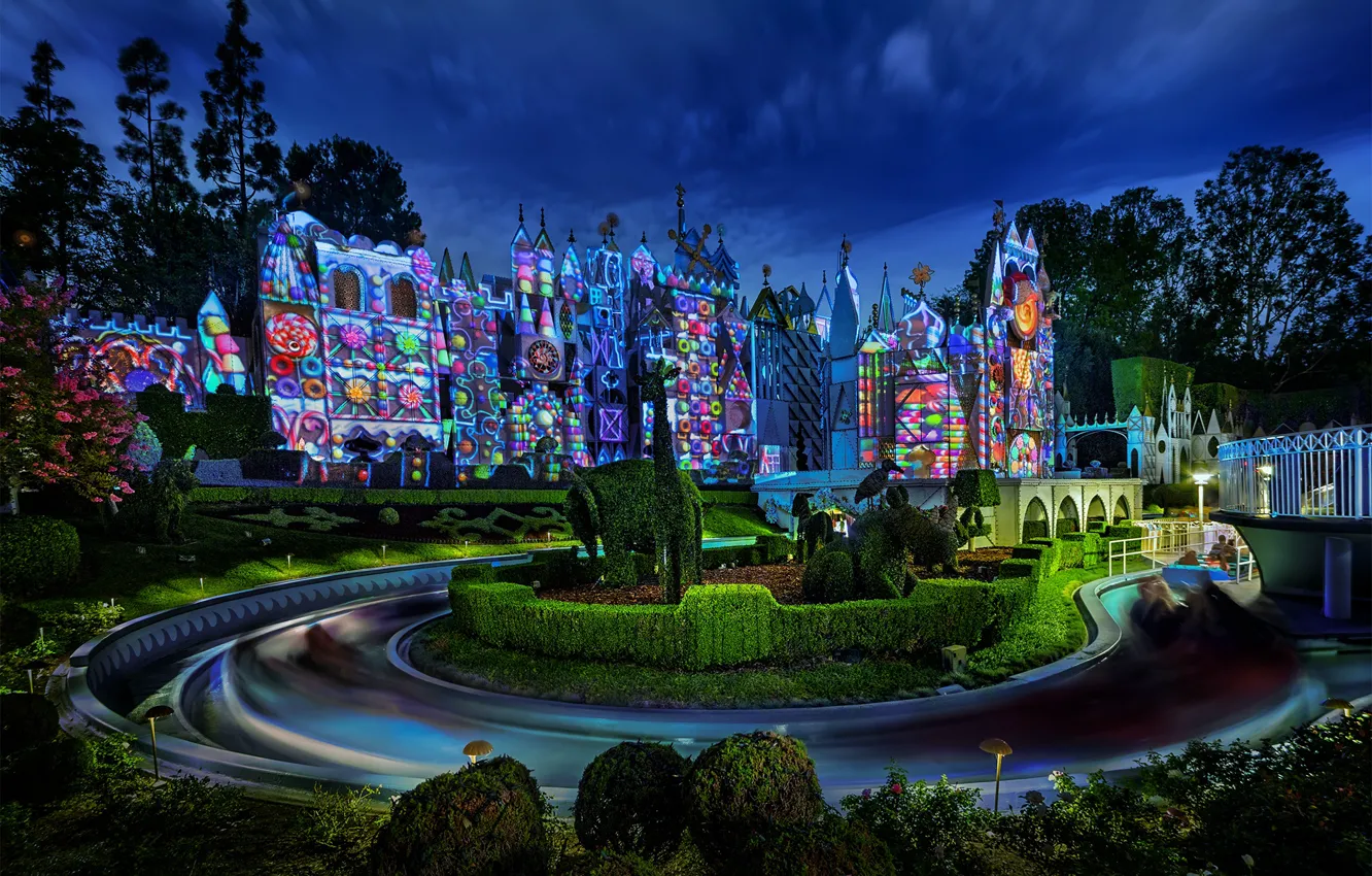 Photo wallpaper Lights, Night, Trees, Building, Park, Disneyland, Night landscape