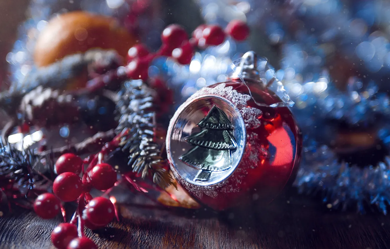 Photo wallpaper decoration, branches, berries, holiday, Board, new year, ball, tinsel
