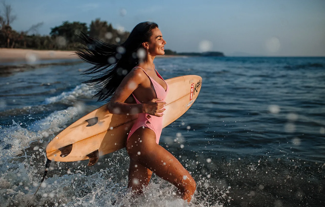 Photo wallpaper swimsuit, girl, pose, mood, the ocean, figure, Board, surfing
