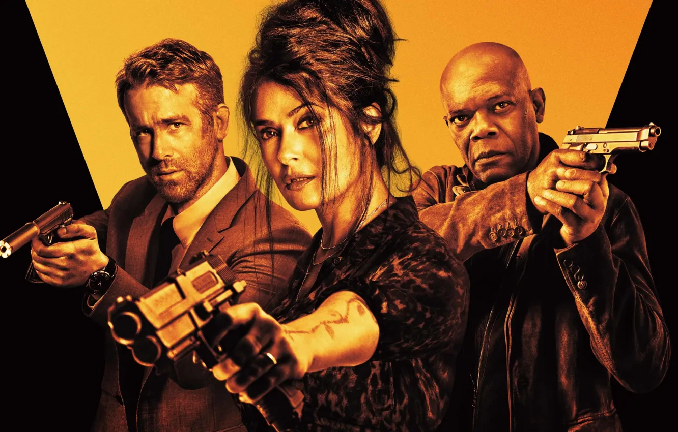 Photo wallpaper weapons, Ryan Reynolds, Ryan Reynolds, Salma Hayek, Salma Hayek, poster, Samuel L. Jackson, Samuel L. …