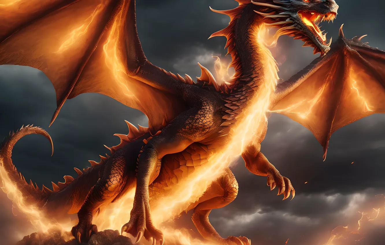 Photo wallpaper the sky, clouds, lights, pose, flame, dragon, fantasy, heat