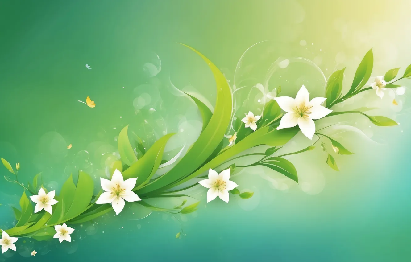 Photo wallpaper flowers, green background, composition, AI art, neural network