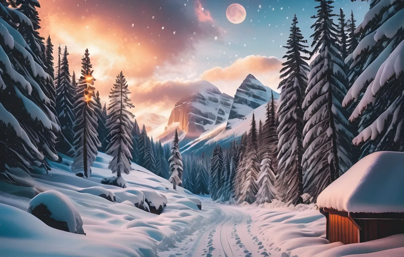 Photo wallpaper winter, frost, road, forest, the sky, clouds, snow, mountains