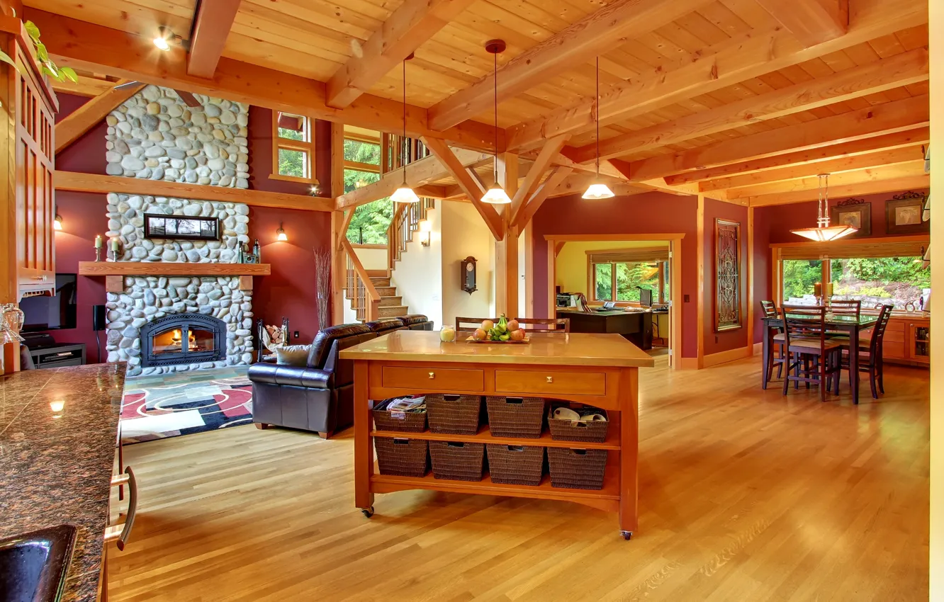 Photo wallpaper trees, stones, interior, fireplace, office, interior, wooden houses building, TV.chairs table lamp