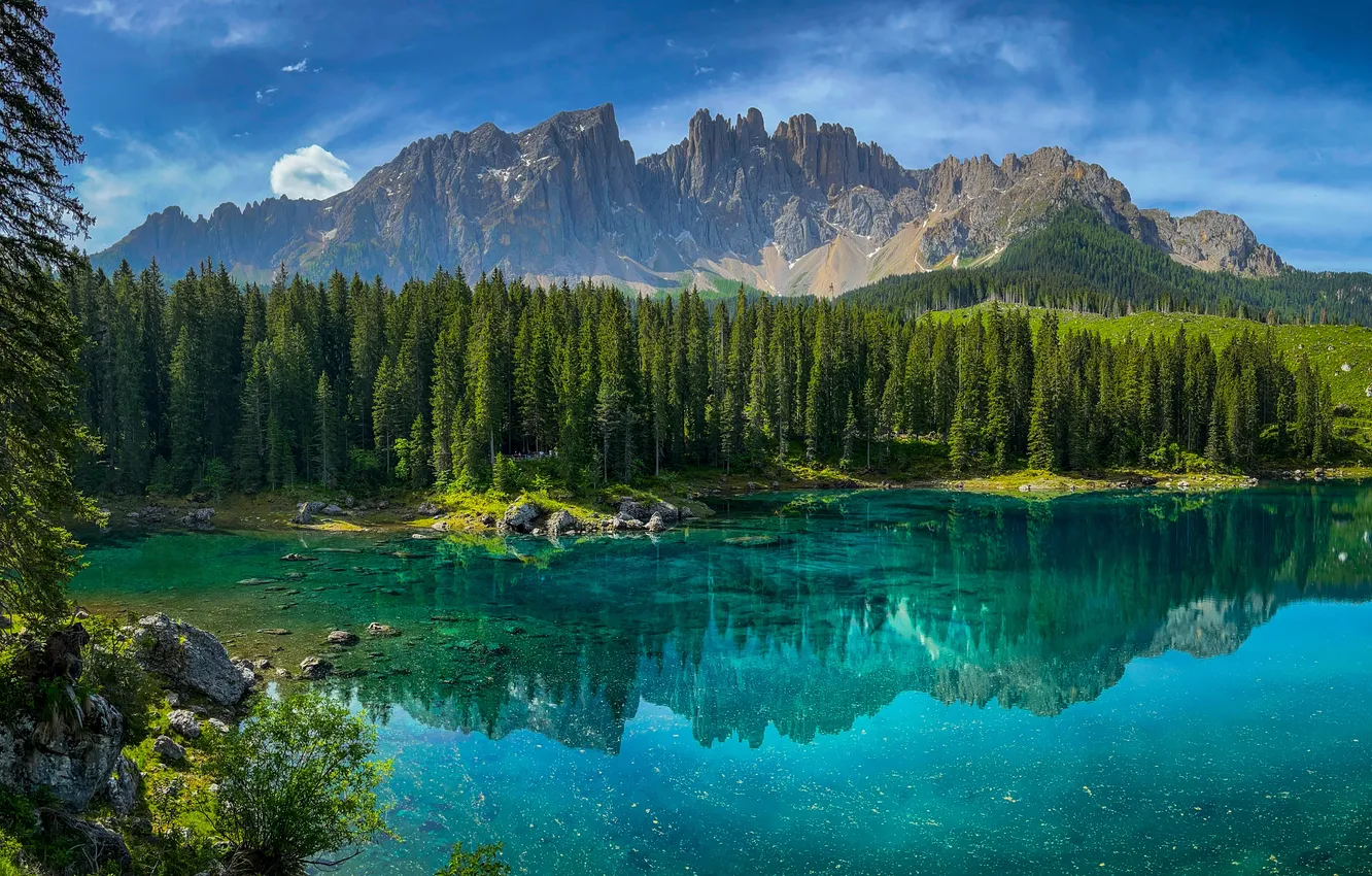 Photo wallpaper forest, the sky, water, trees, mountains, lake, pond, stones