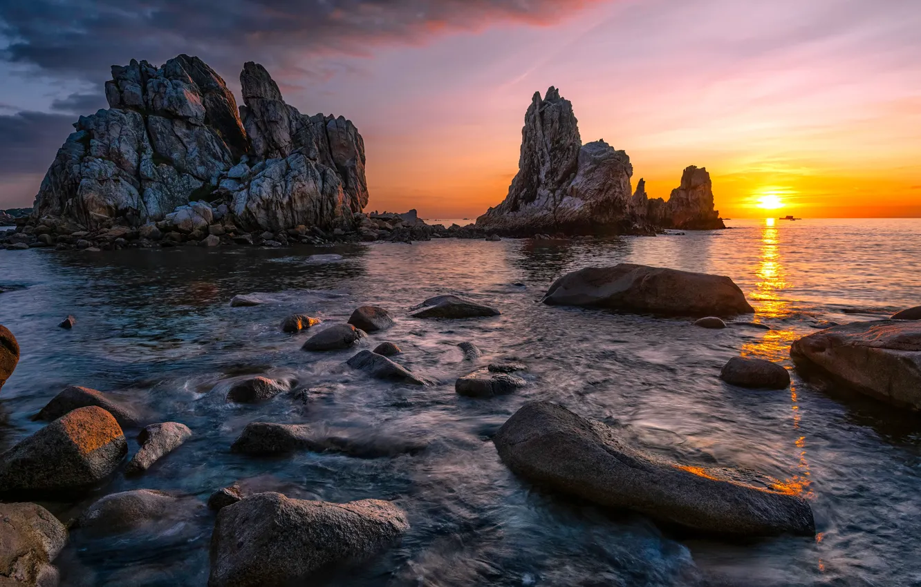 Photo wallpaper sea, sunset, rocks, shore, the evening