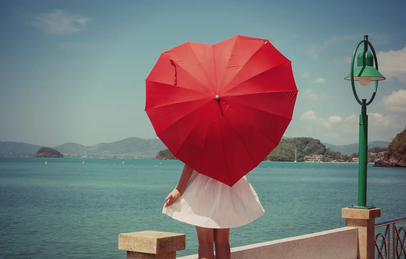 Photo wallpaper sea, the sky, water, girl, red, nature, river, umbrella