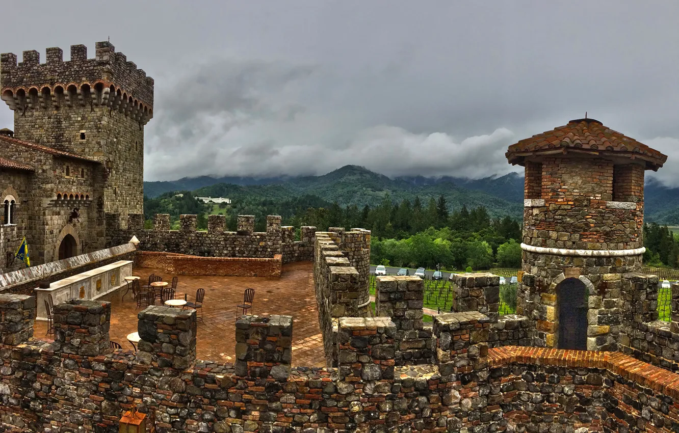 Photo wallpaper the sky, clouds, castle, wall, tower