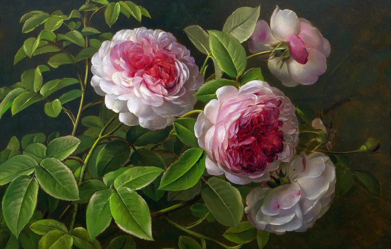Photo wallpaper Flowers, Picture, Peonies, Peonies, Danish artist, Johan Lorenz Jensen, Johan Laurentz Jensen