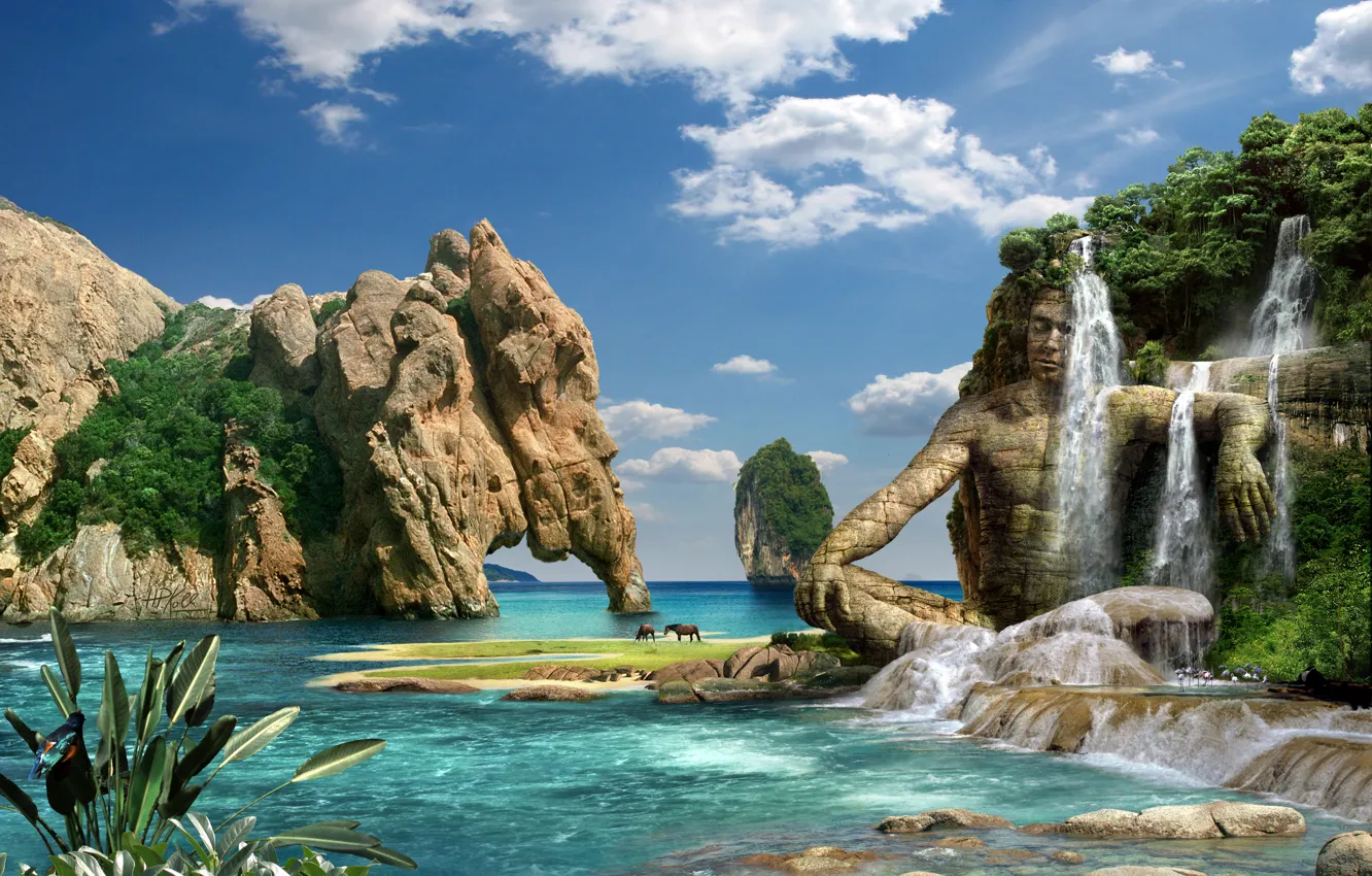 Photo wallpaper sea, mountains, nature, stones, rocks, waterfall, stone man