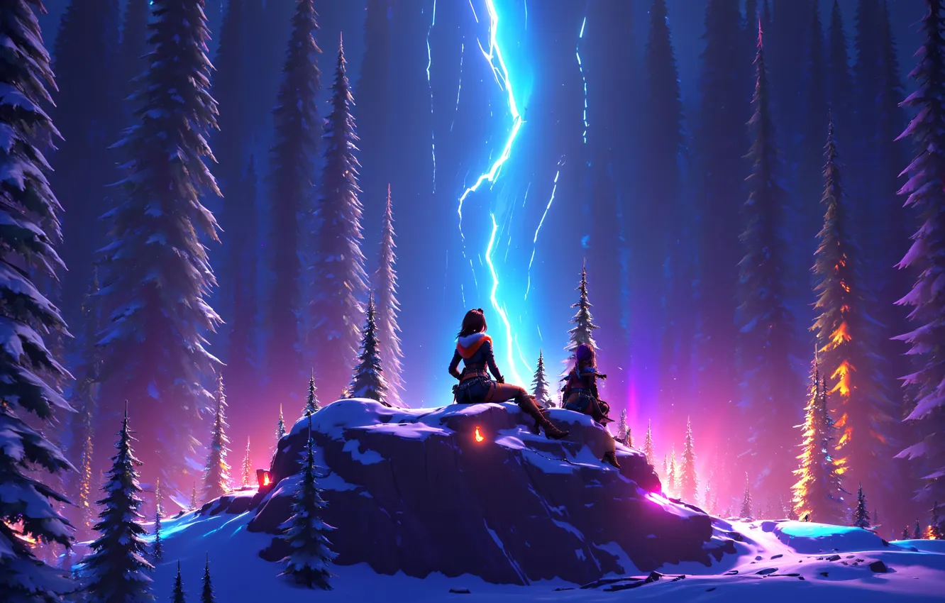 Photo wallpaper fantasy, forest, Lightning, girls, winter, snow, digital art, artwork