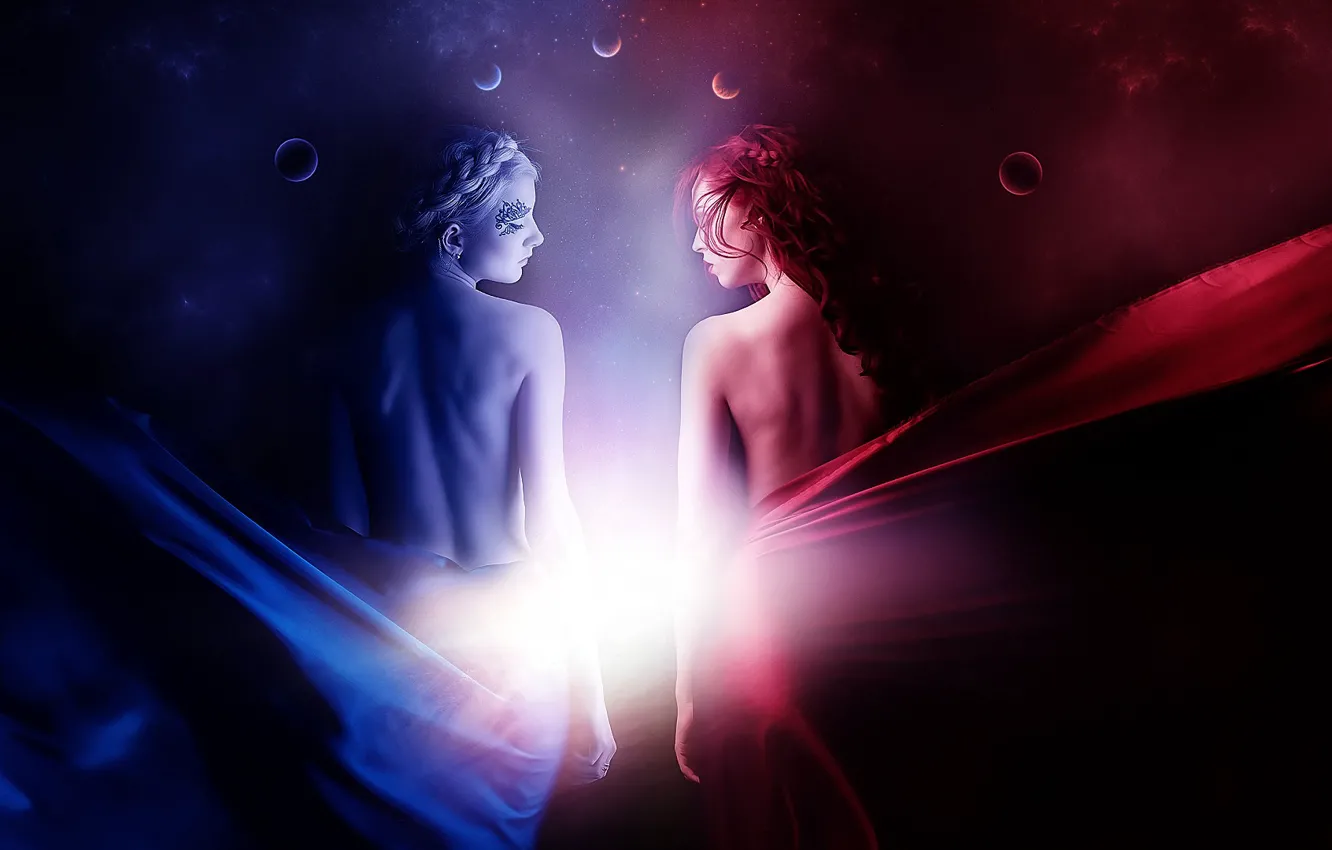 Photo wallpaper girl, light, back, flash, fabric, profile