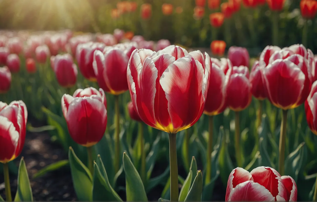 Photo wallpaper flowers, red, spring, tulips, flowerbed
