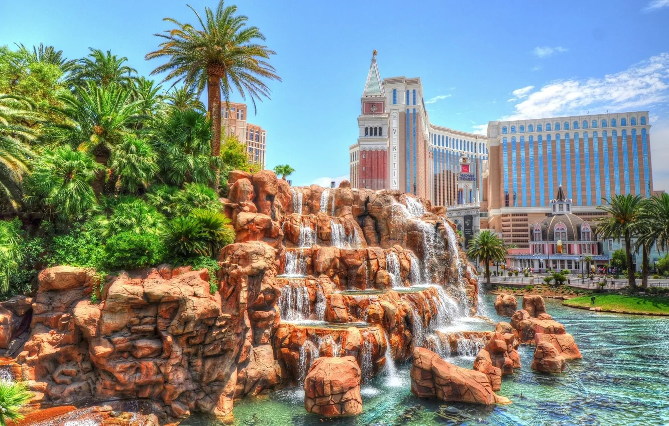 Photo wallpaper palm trees, hdr, Las Vegas, USA, USA, waterfalls, Nevada, Las Vegas