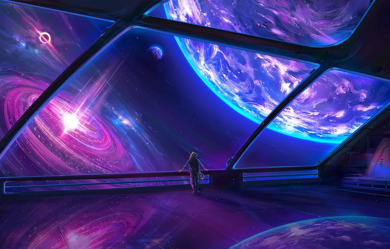 Photo wallpaper space, stars, artwork, planet, Aenami, digital art, fantasy art, space station