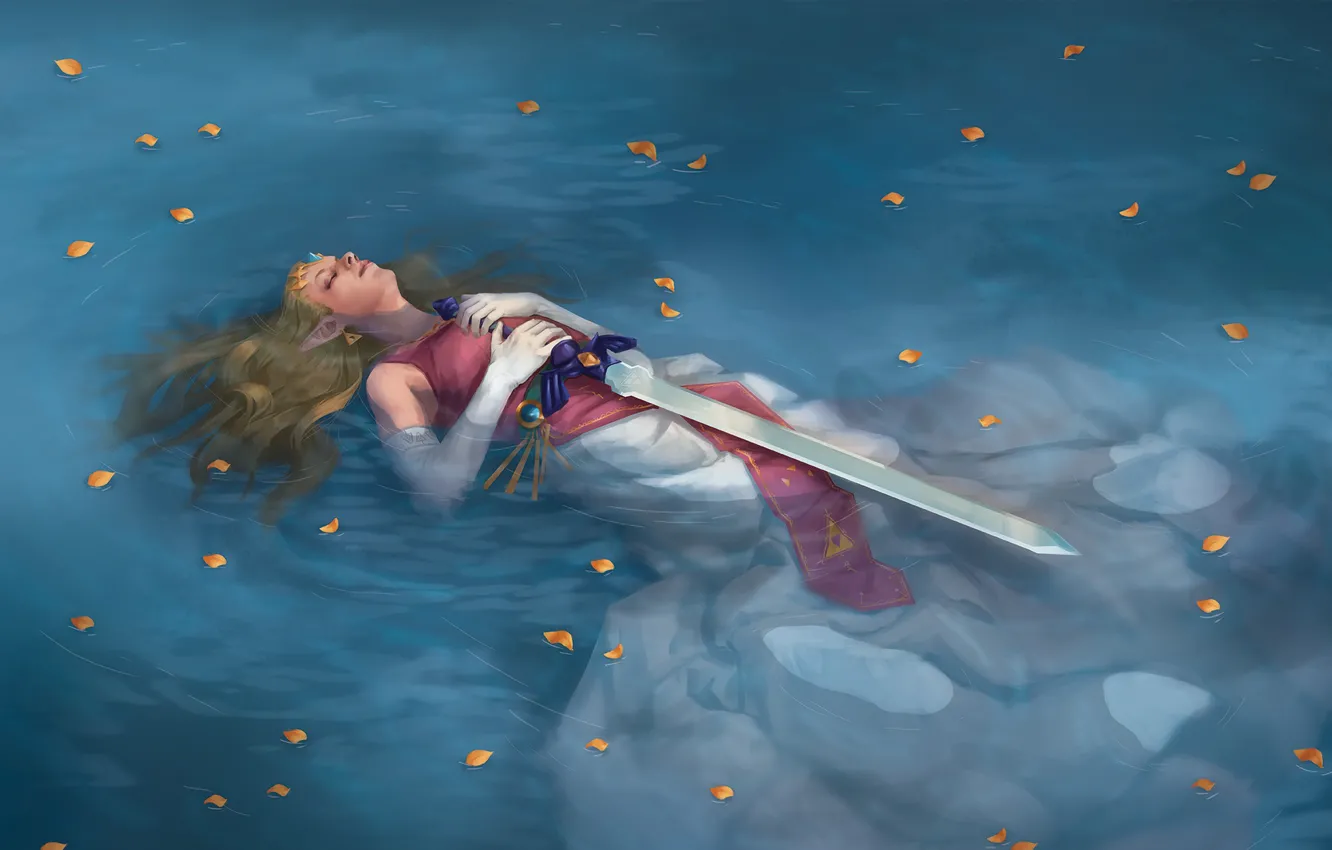 Photo wallpaper water, girl, lake, petals, art, Legend of Zelda, lying. sword