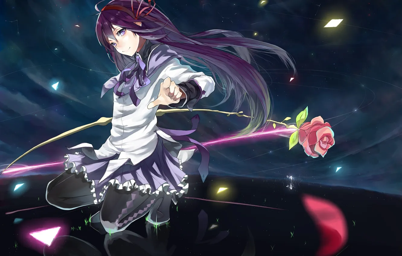 Photo wallpaper look, girl, space, flowers, smile, reflection, weapons, roses