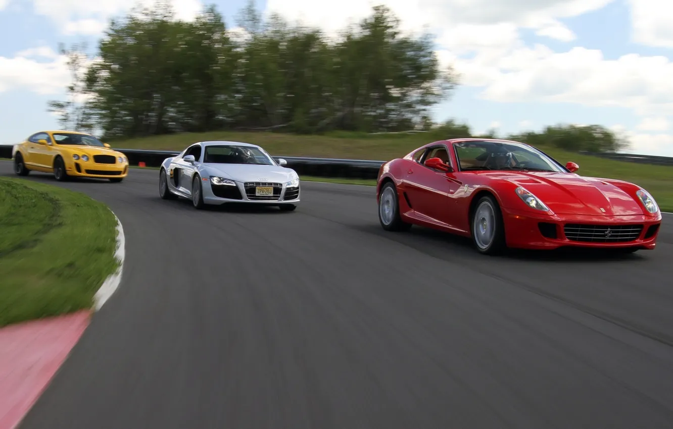 Photo wallpaper yellow, Audi, race, Audi R8, Ferrari, Bentley, Ferrari 599 GTB Fiorano, Bentley Continental GT