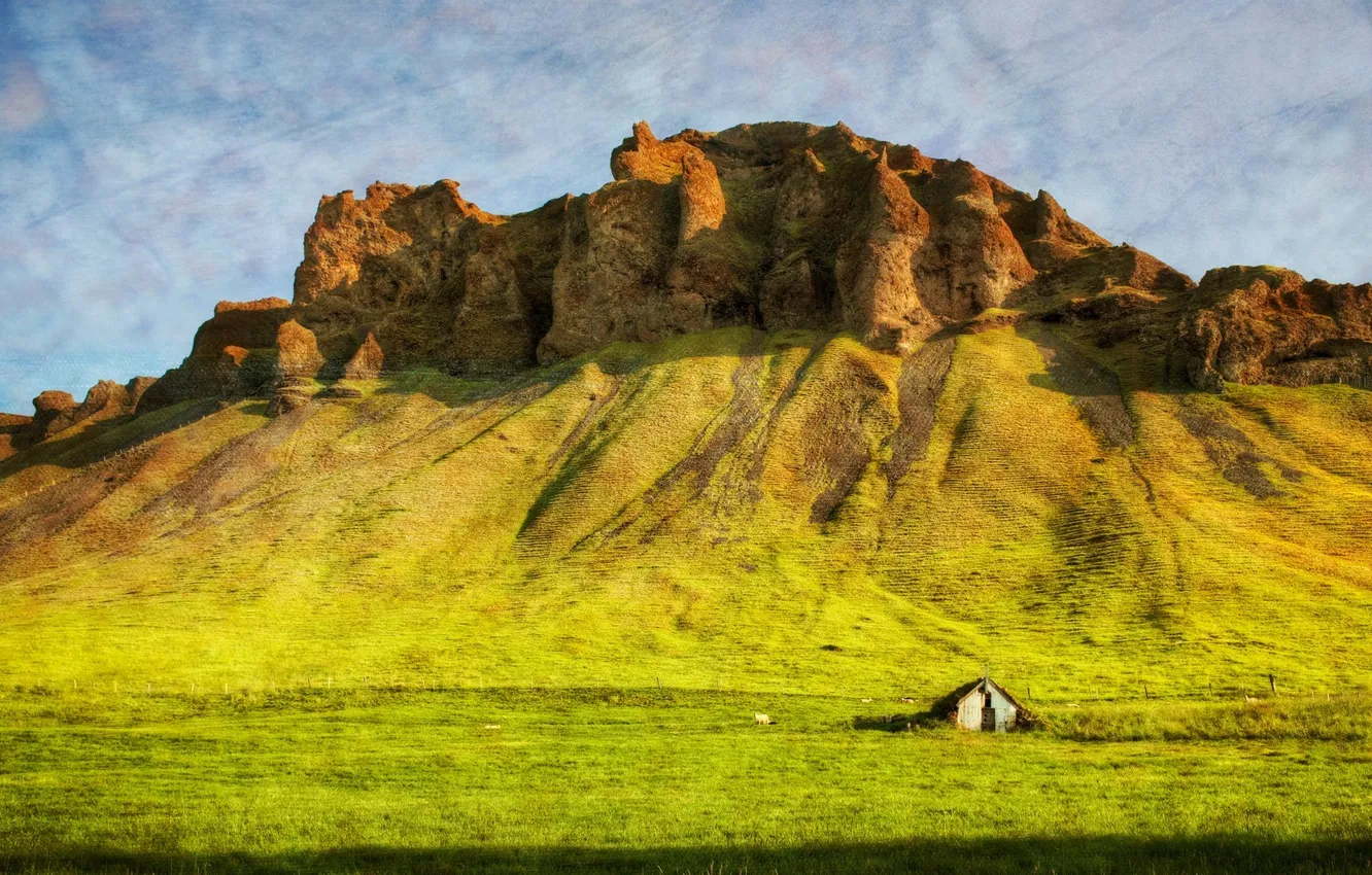 Photo wallpaper the sky, grass, clouds, mountain, hdr, house