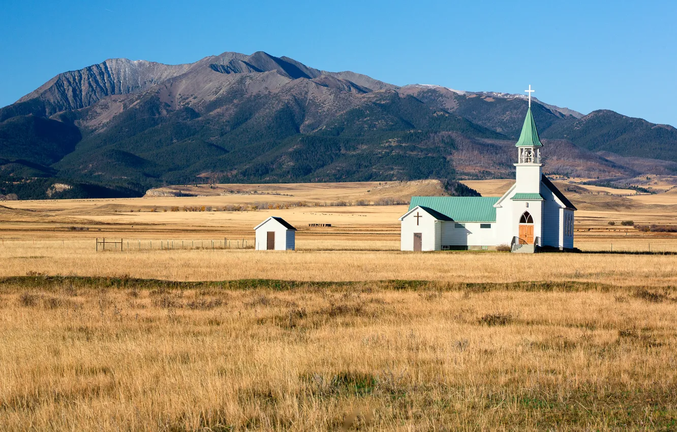 Photo wallpaper field, the sky, mountains, Church, the countryside