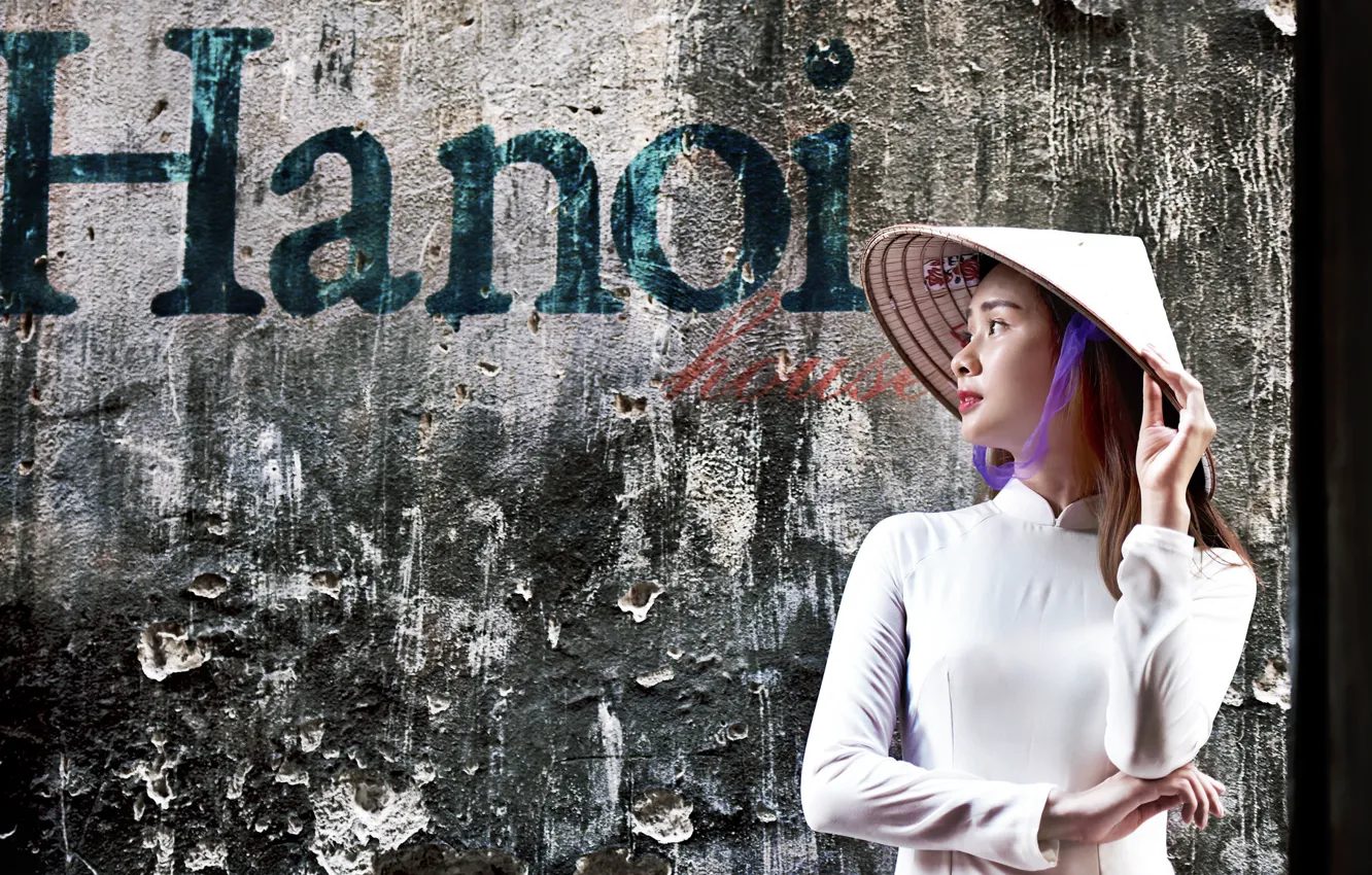 Photo wallpaper girl, face, style, background, hat, dress, Asian