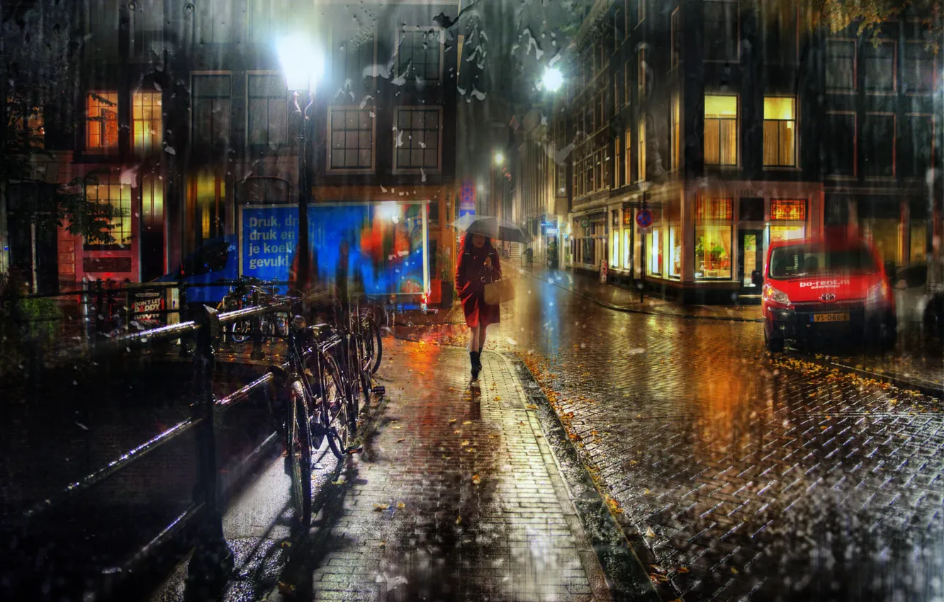 Photo wallpaper machine, bike, the city, rain, woman, building, home, lighting