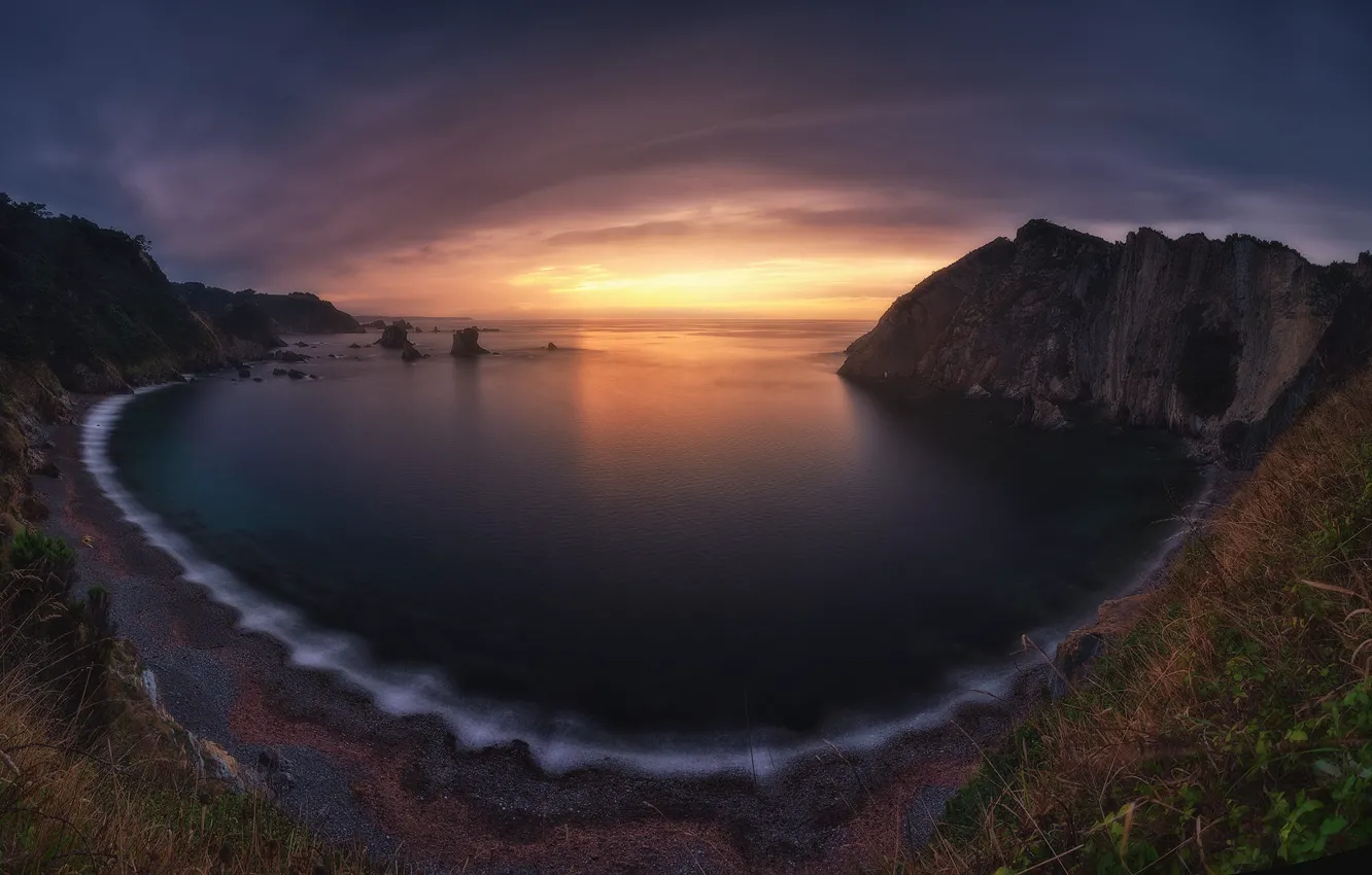 Photo wallpaper sea, beach, the sky, grass, clouds, light, sunset, mountains