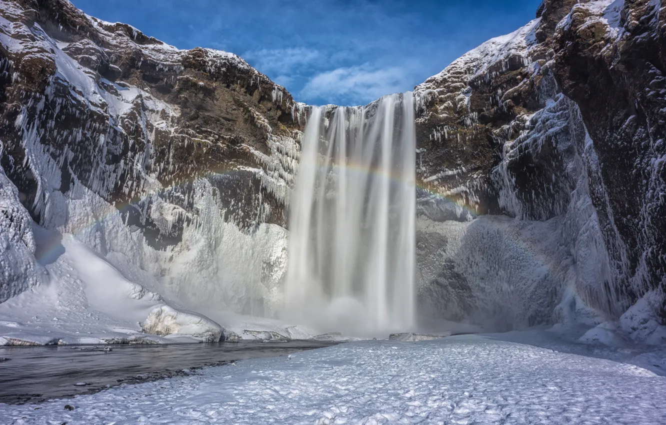 Photo wallpaper winter, the sky, snow, mountains, waterfall, rainbow, Iceland