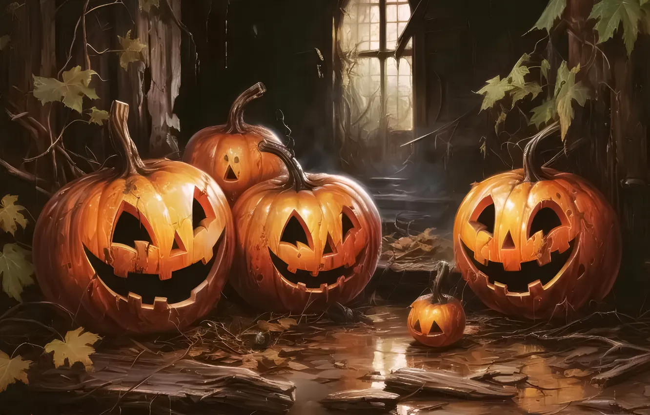 Photo wallpaper Halloween, laughing, Halloween pumpkins, celebrations, Halloween background