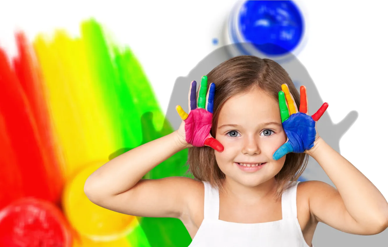 Photo wallpaper joy, children, smile, paint, hands, small, girl, girls