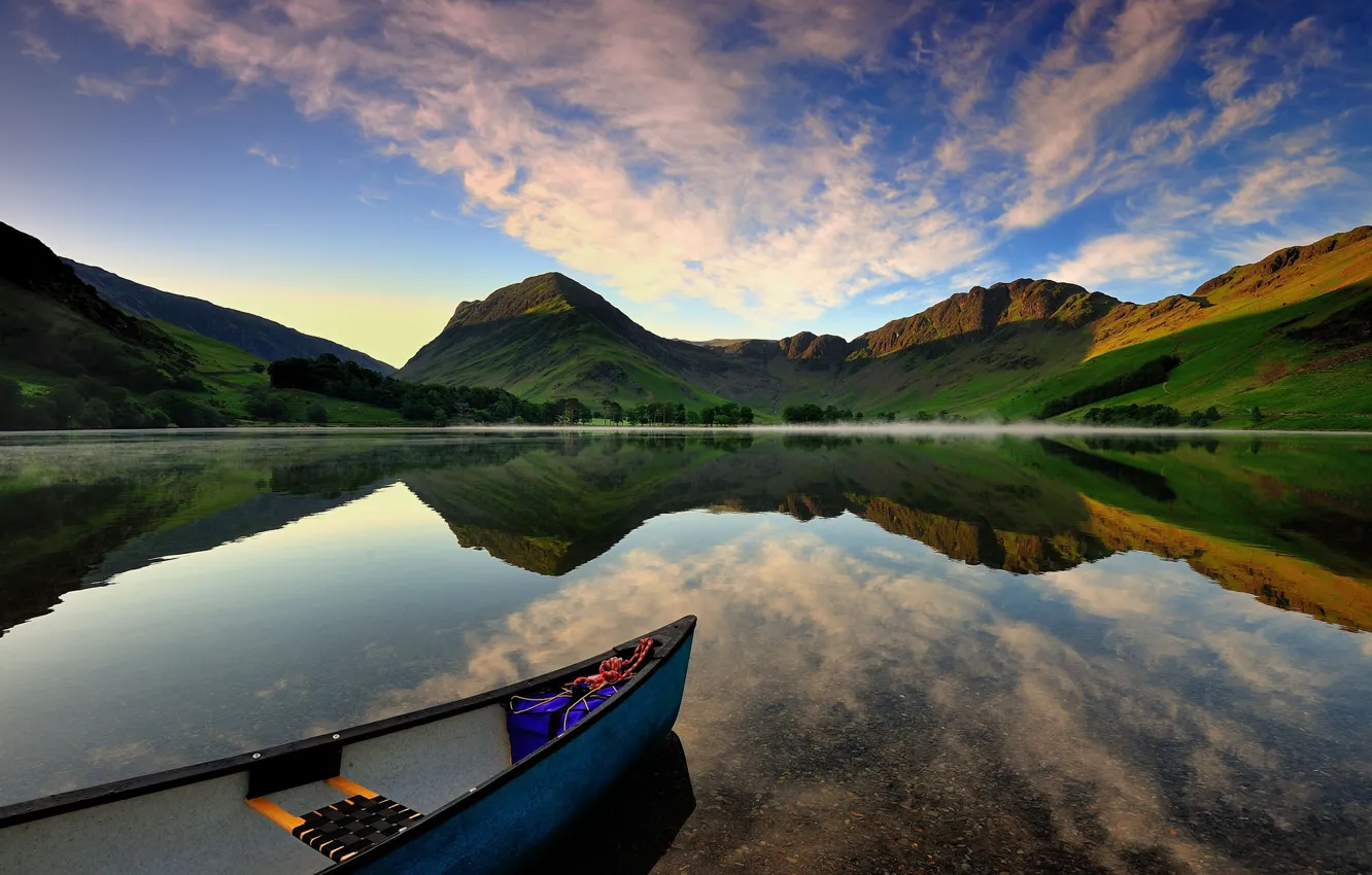 Photo wallpaper summer, clouds, mountains, lake, reflection, blue, hills, boat