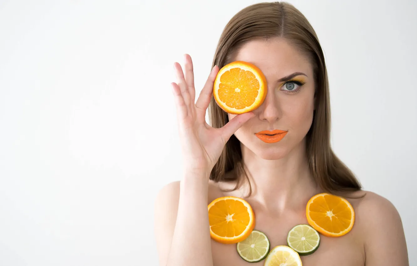 Photo wallpaper face, model, oranges