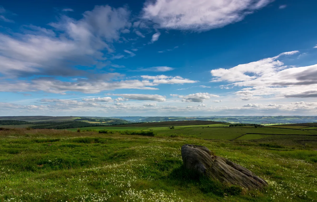 Photo wallpaper field, the sky, grass, clouds, stones, space