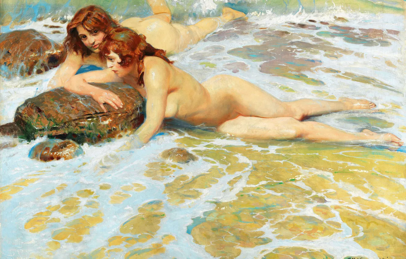 Photo wallpaper water, girl, stones, picture, two, the little mermaid, naked, Polish artist